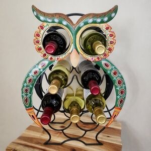 Vintage Wine Rack Hand Painted Metal Owl Holds 9 Bottles Spanish Revival Style